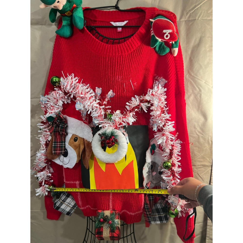 NO BOUNDARIES Red Ugly Christmas Sweater XXXL Dog Elf Fireplace Decor